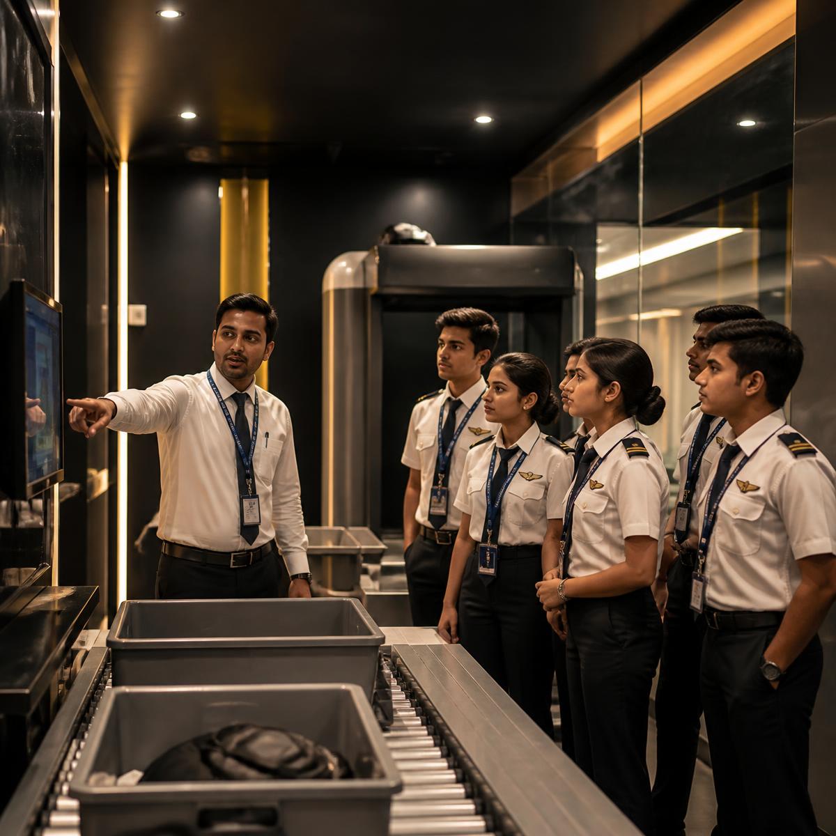 Aviation trainees learning inside an airport logistics lab