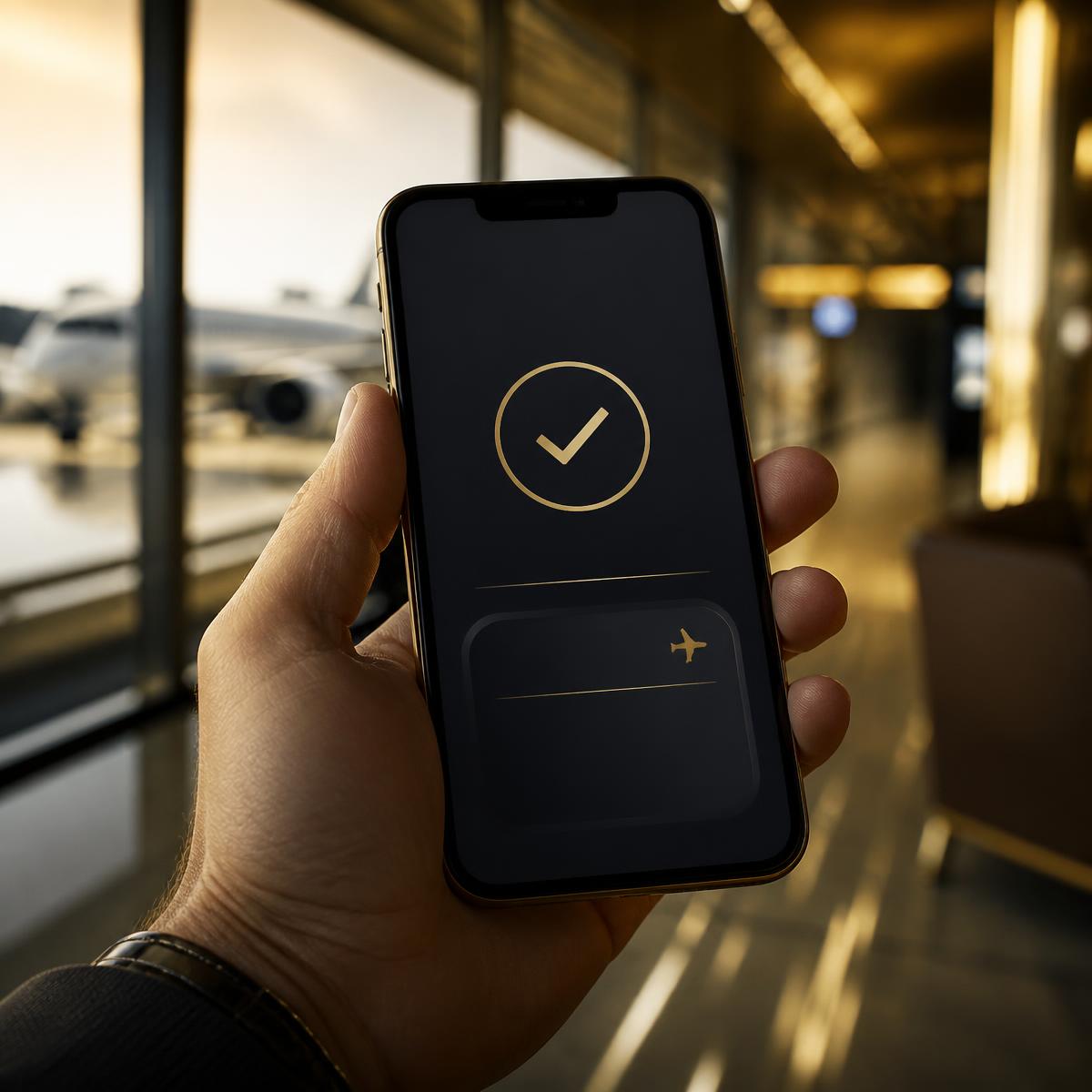 Smartphone showing a BagSwift home check-in confirmation in an airport terminal