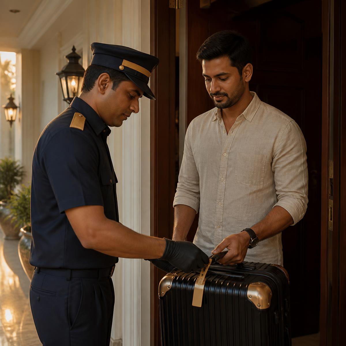 Vimaan Desk courier sealing a suitcase at a customer's doorstep